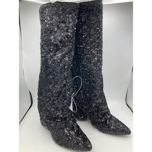 A New Day Abba Black Sequin Covered Foldover Knee High Evening Boots -- Size 8.5